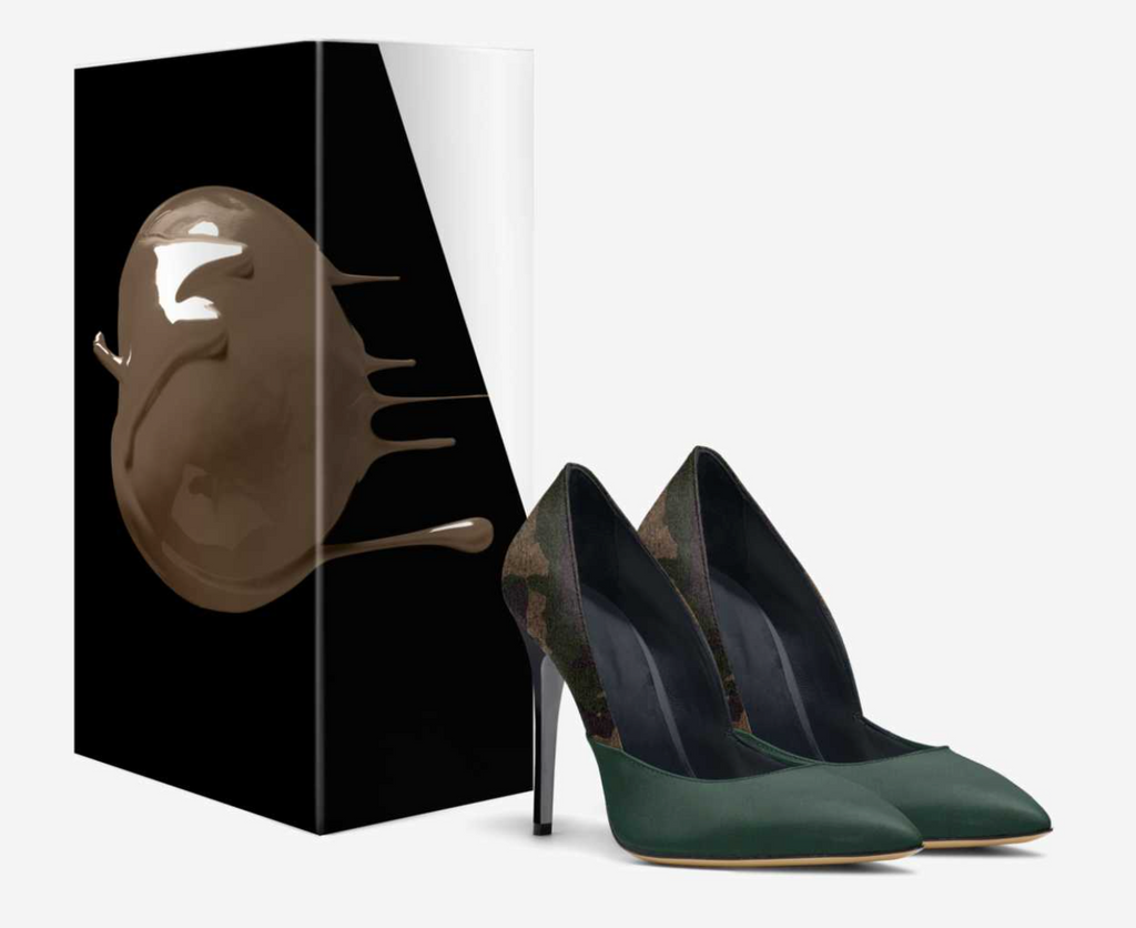 D3SIRE luxury Italian heel detail – handcrafted green leather and camo suede