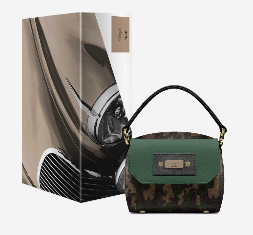 CamoFlyy-E luxury Italian camo shoulder bag - hero shot with vintage car illustrated designer box