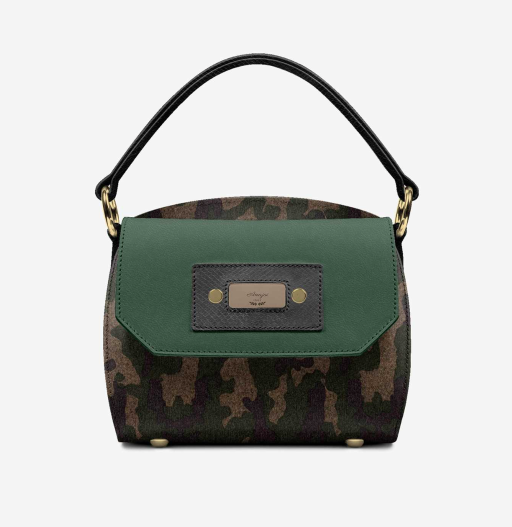 CamoFlyy-E front isolated - camo textile body, dark green flap, black textured patch, gold Amajai ITALY plaque