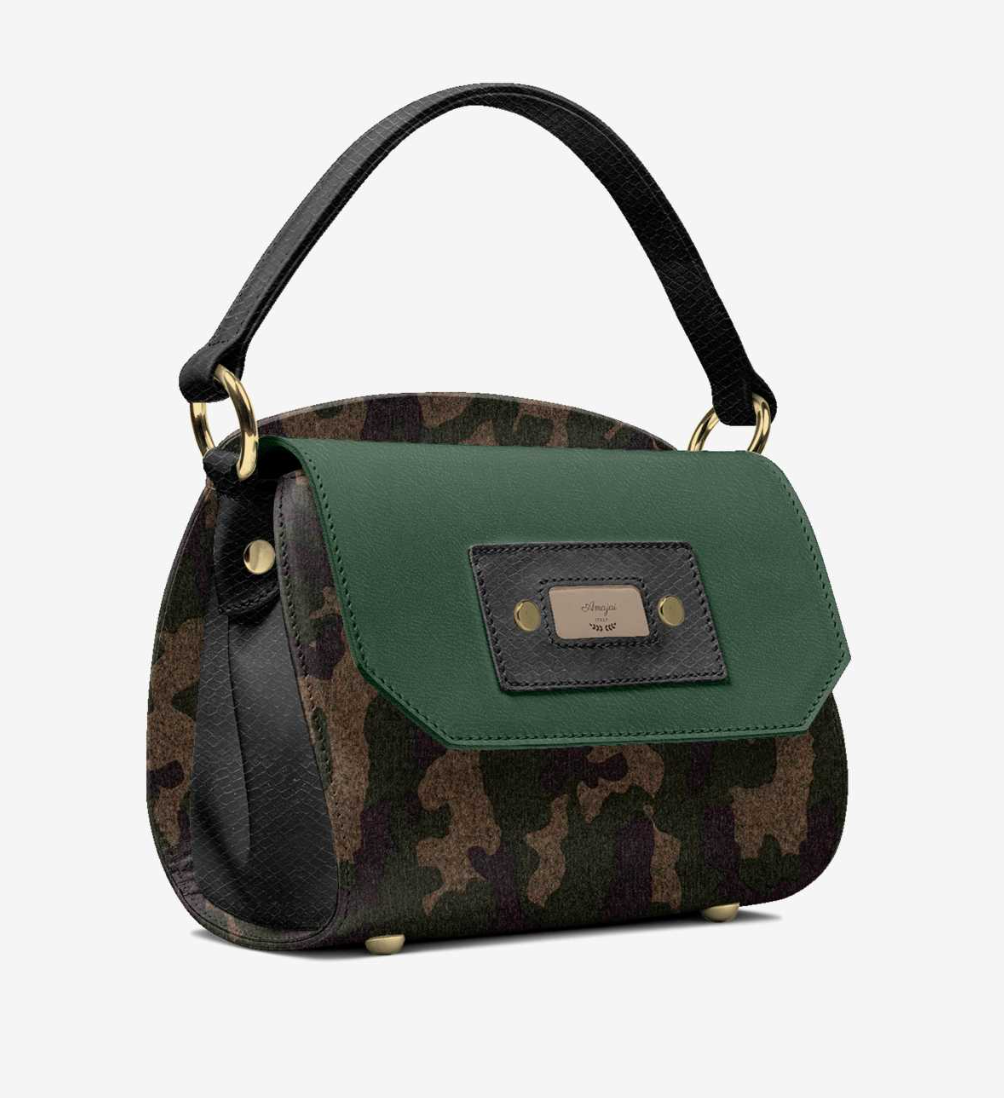 CamoFlyy-E three-quarter view - dark green flap detail, gold O-ring hardware, black side panel