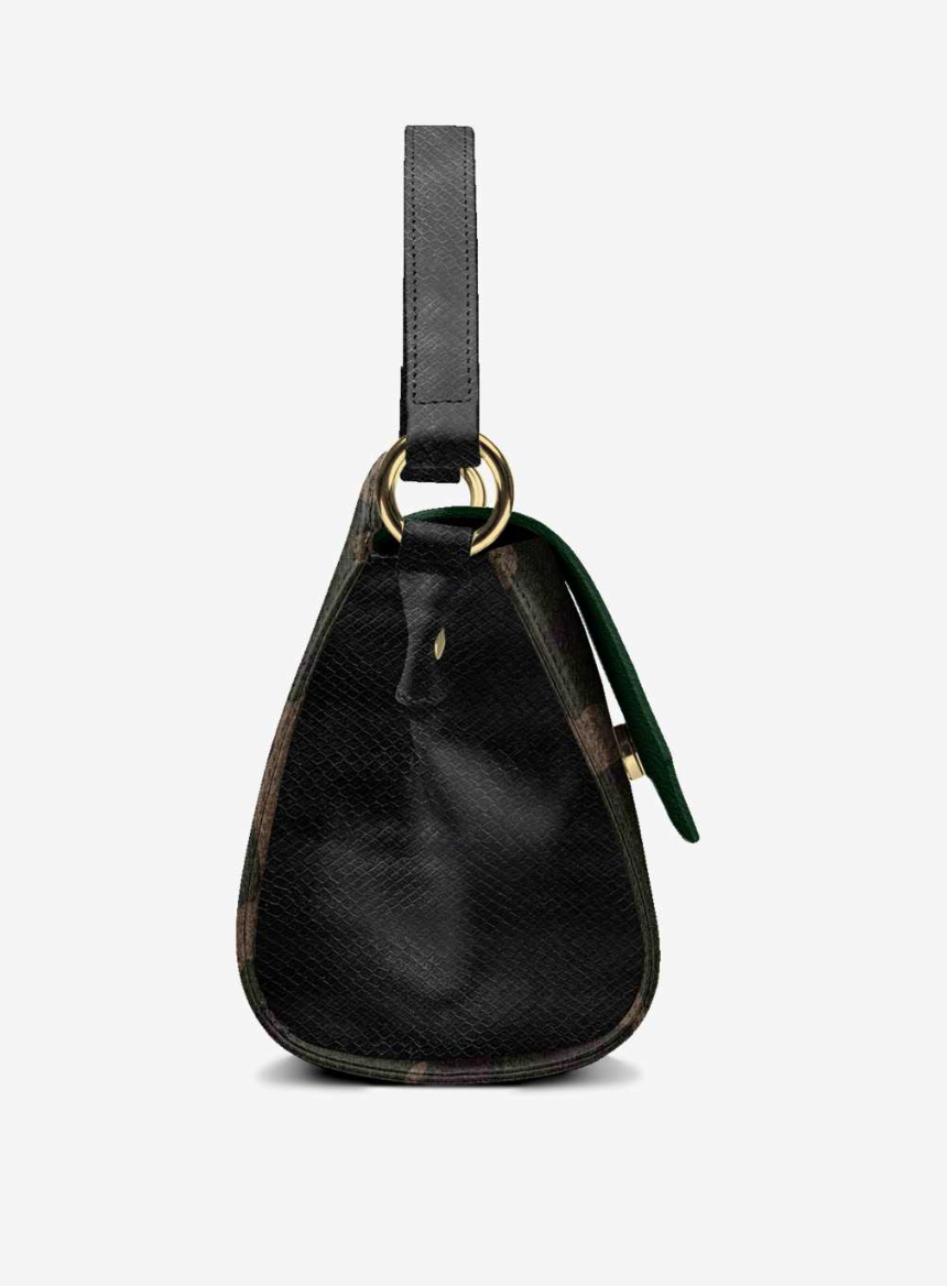CamoFlyy-E side profile - black textured leather side gusset, gold ring, black handle