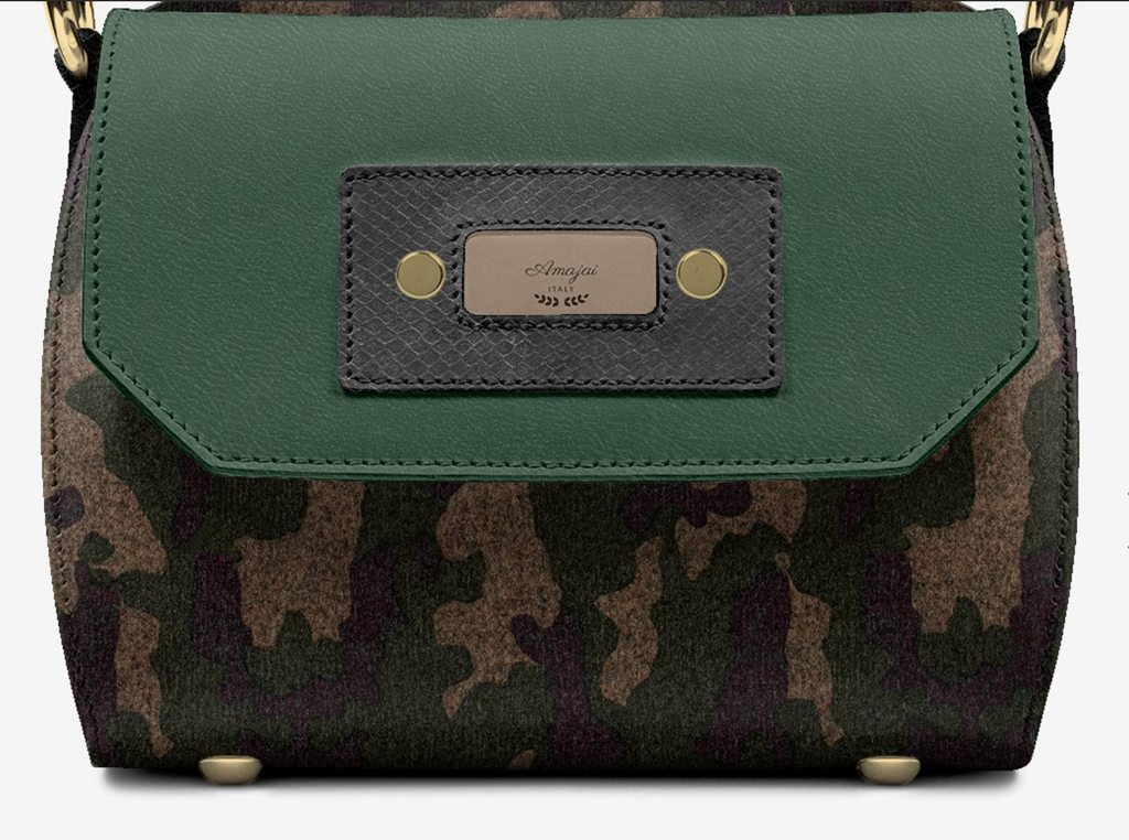 CamoFlyy-E base detail - gold protective feet and camo textile texture close-up