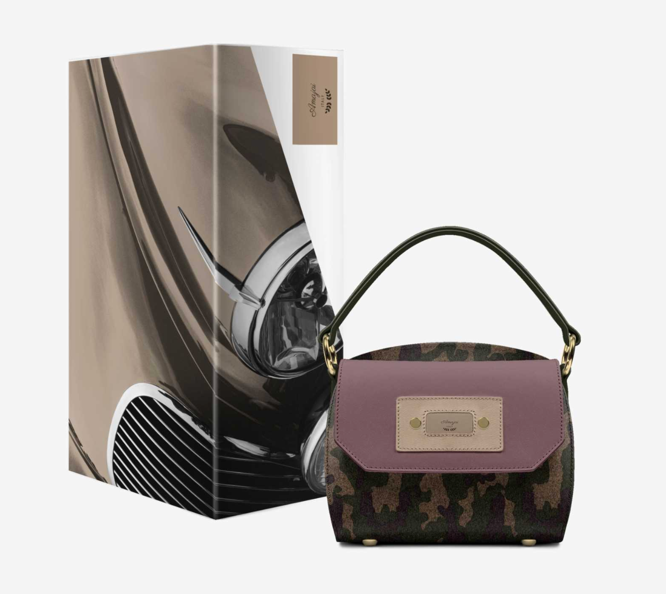 CamoFlyy-W luxury Italian camo shoulder bag - hero shot with vintage car illustrated designer box