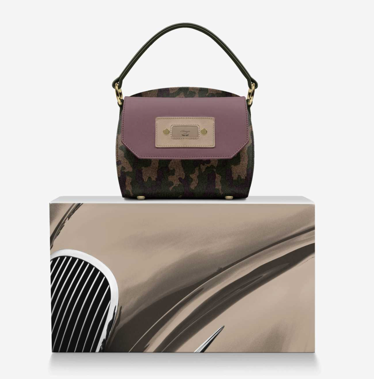 CamoFlyy-W front view with box - 3D raised camo body, wine bordeaux flap, beige plaque, dark olive handle