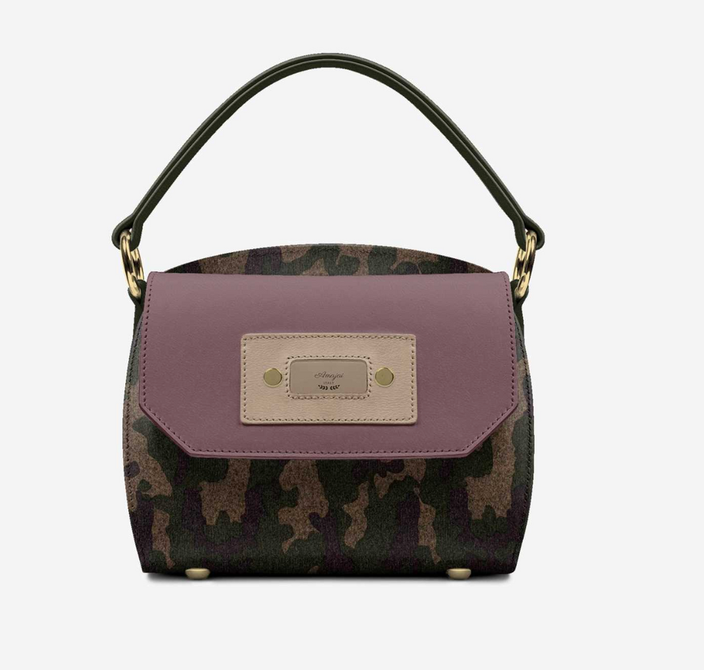 CamoFlyy-W front isolated - camo textile body, wine leather flap, beige side panel, gold feet