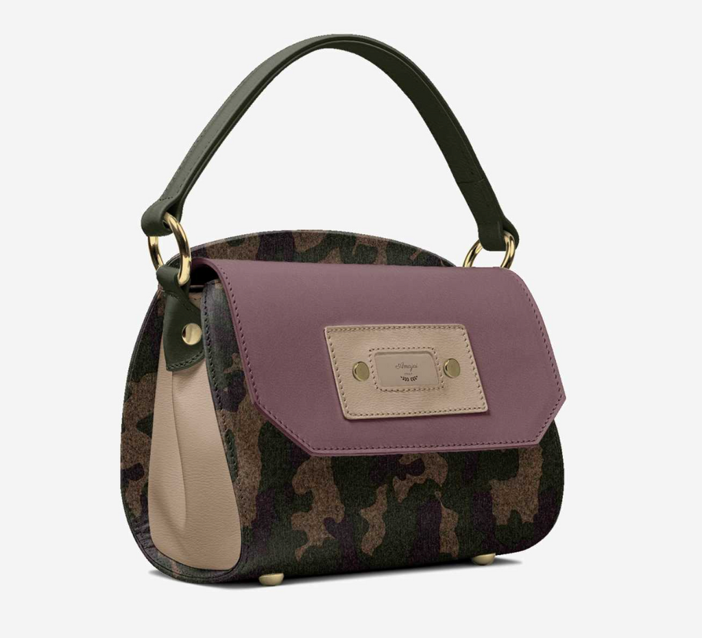 CamoFlyy-W three-quarter view - beige ivory side gusset, gold ring hardware, dark olive handle