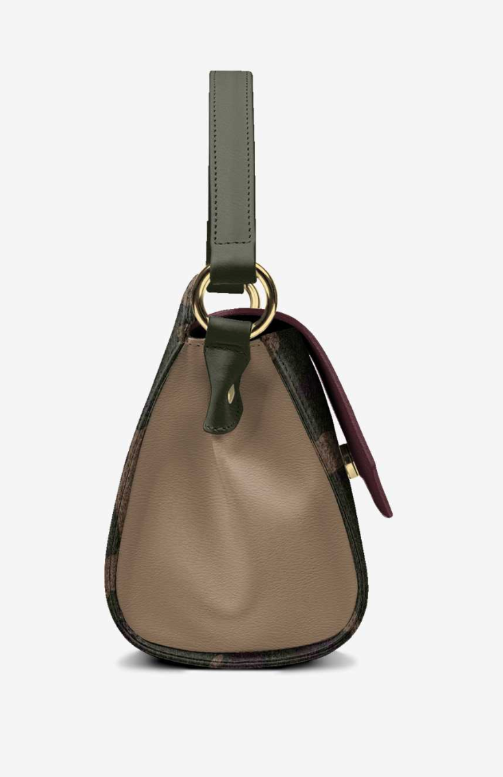 CamoFlyy-W side profile - smooth beige leather side panel, gold D-ring, dark olive strap