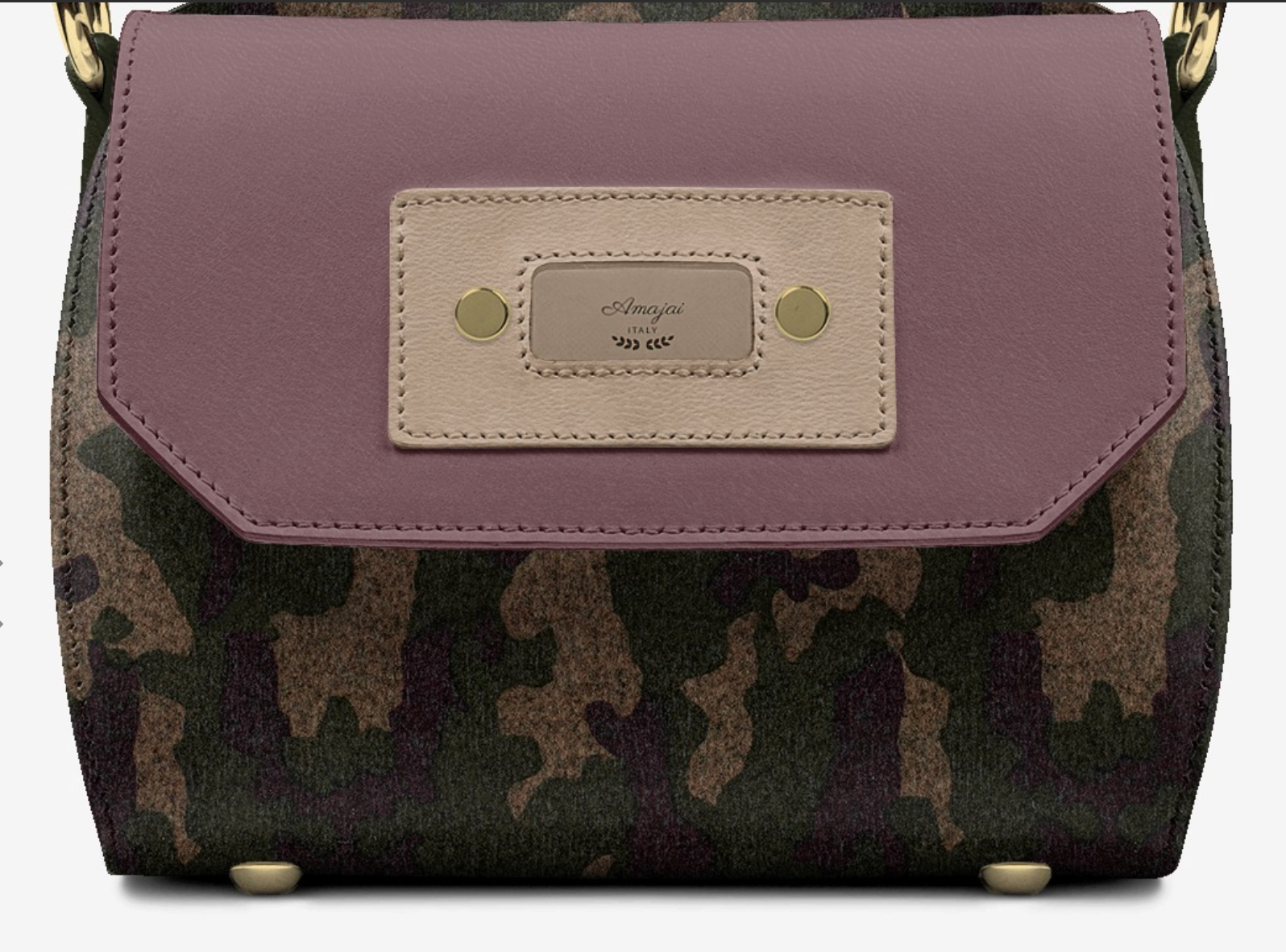 CamoFlyy-W plaque close-up - beige leather plaque with Amajai ITALY script and gold decorative studs