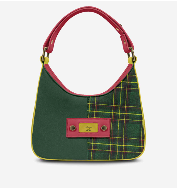 House Of Her-Mx front view - forest green leather and Scottish tartan panel with raspberry trim and gold hardware