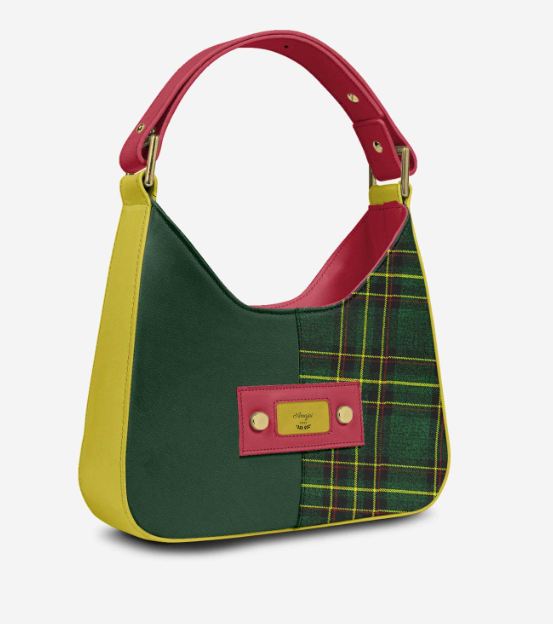 House Of Her-Mx three-quarter view - chartreuse side panel, adjustable raspberry strap, gold D-rings
