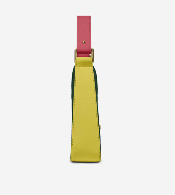 House Of Her-Mx side profile - bright yellow chartreuse panel, padded raspberry strap with gold hardware