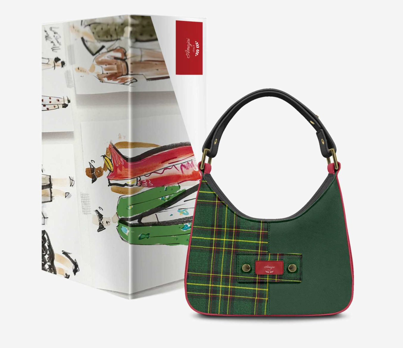 House Of Her-R luxury Italian tartan shoulder bag - hero shot with illustrated designer presentation box