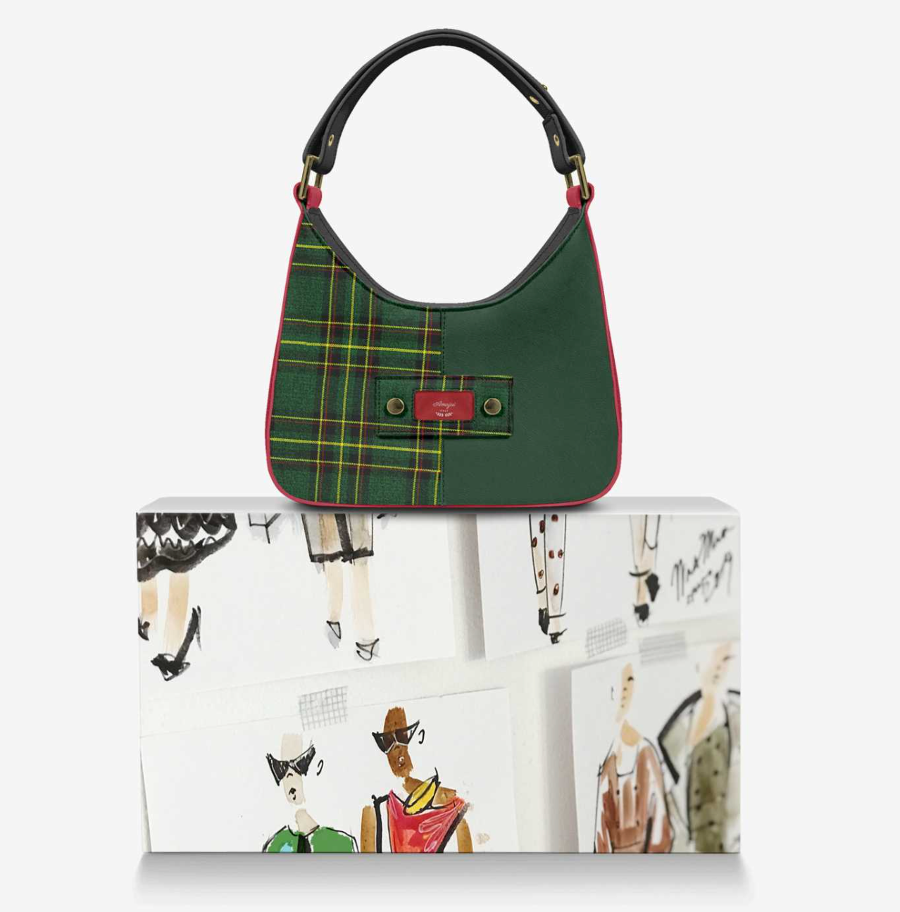 House Of Her-R front view on box - Scottish tartan and deep green leather with red piping and black handle