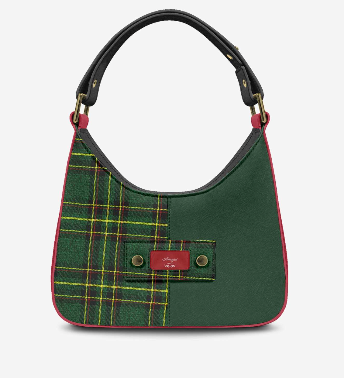 House Of Her-R front isolated - tartan panel, green leather, red piping, black handle, gold Amajai ITALY plaque