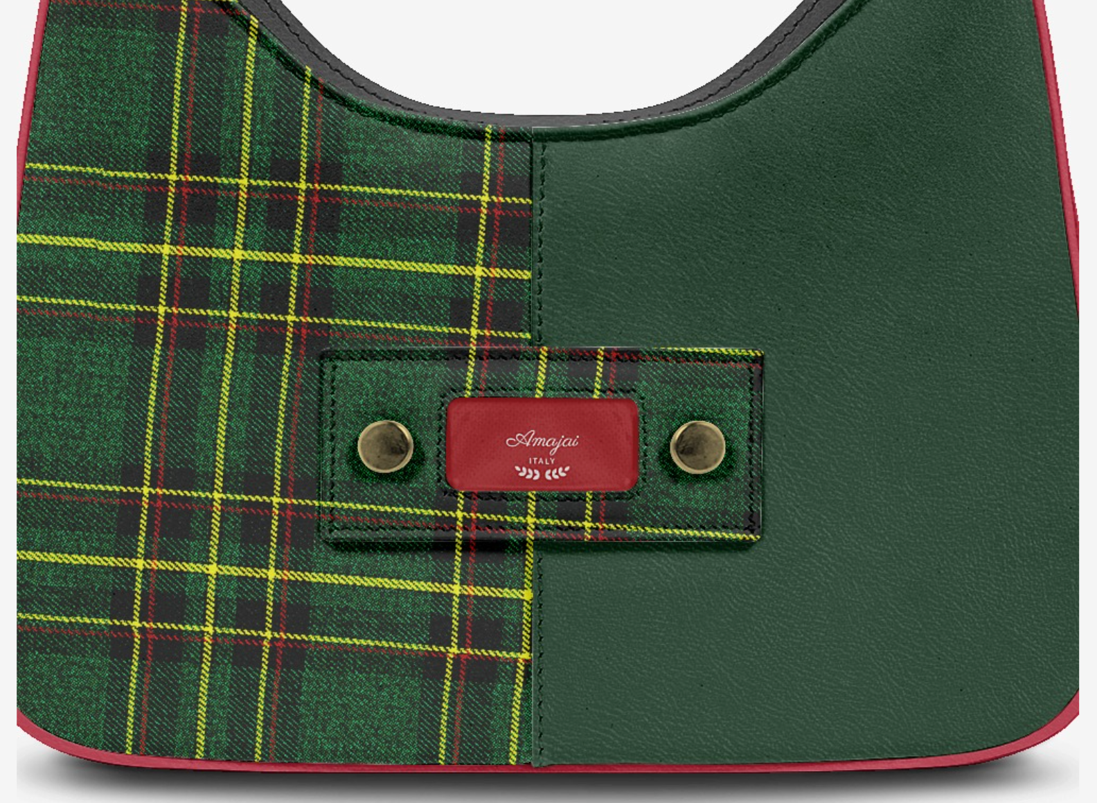 House Of Her-R plaque close-up - tartan tab with brass studs and Amajai ITALY nameplate detail