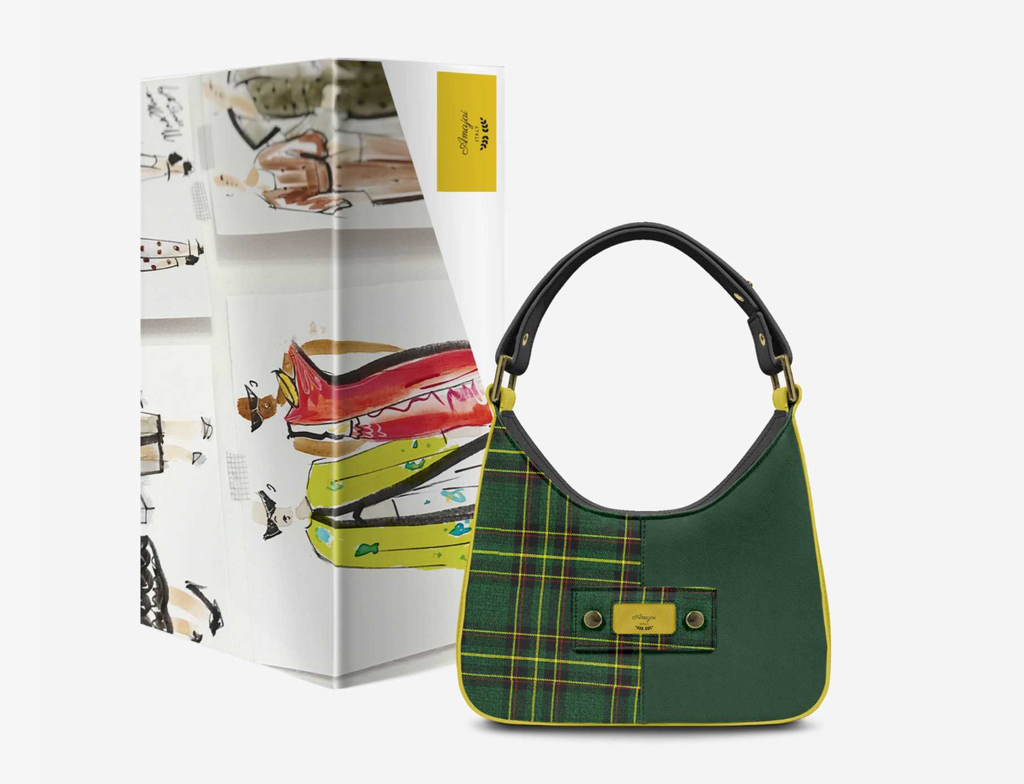 House Of Her-Y luxury Italian tartan shoulder bag - hero shot with illustrated designer presentation box