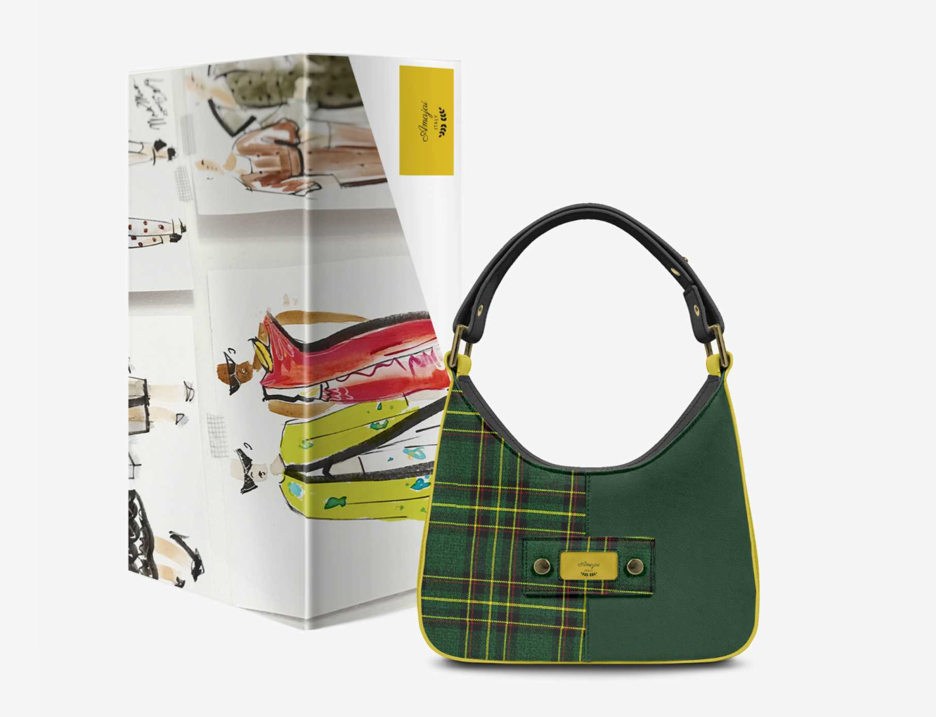 House Of Her-Y luxury Italian tartan shoulder bag - hero shot with illustrated designer presentation box