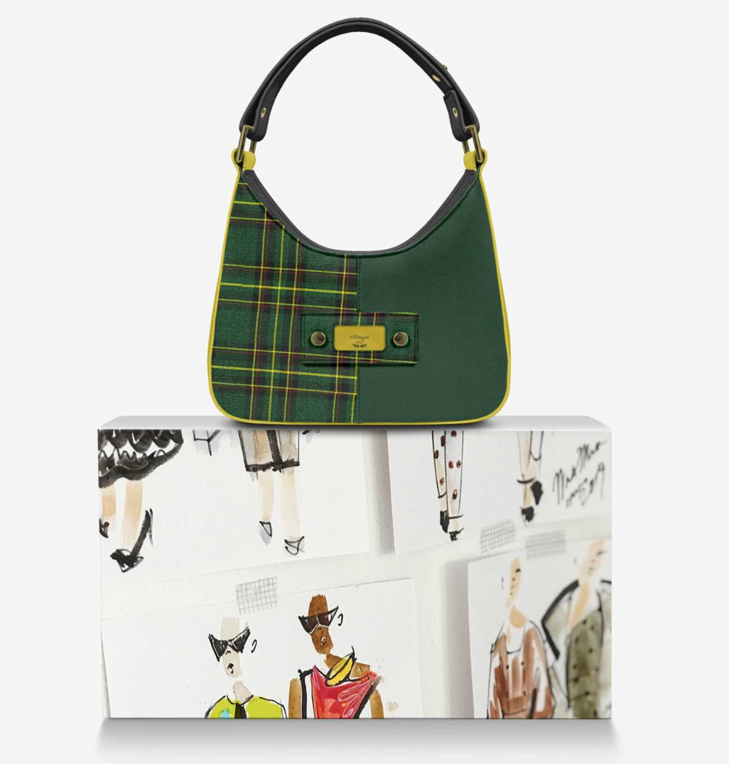 House Of Her-Y front view on box - Scottish tartan and dark green leather split with yellow piping