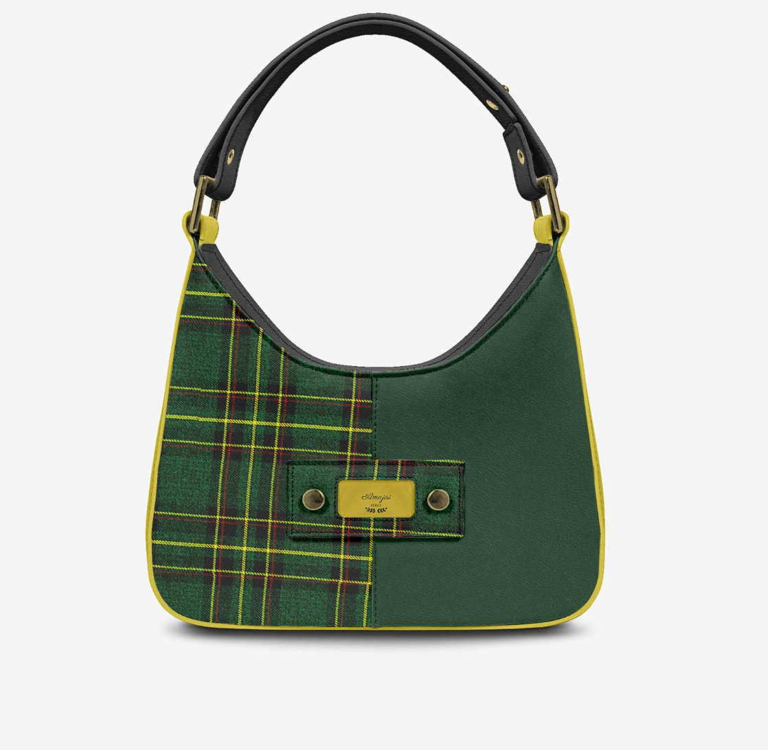 House Of Her-Y front isolated - tartan panel, green leather, black handle, gold Amajai ITALY plaque