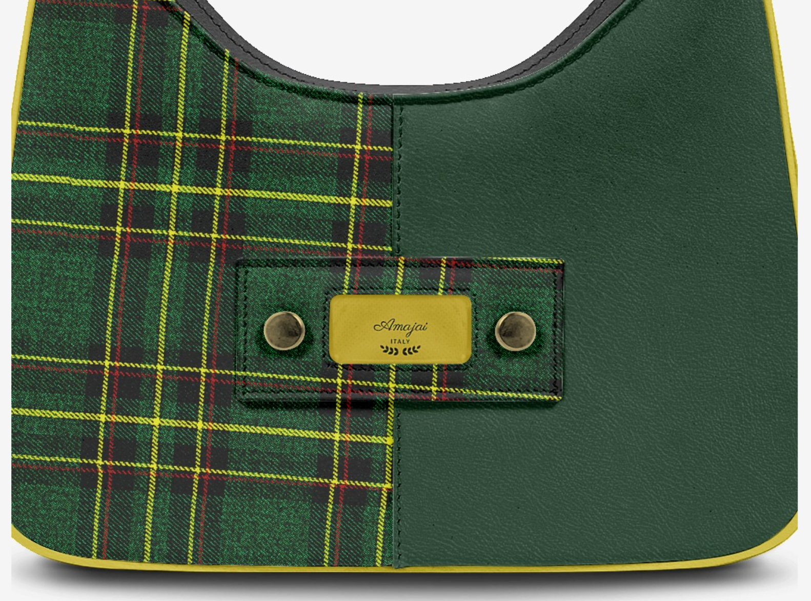 House Of Her-Y plaque close-up - tartan tab with gold studs and Amajai ITALY nameplate detail