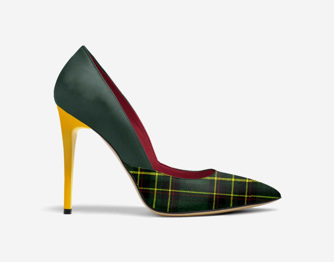 Prestigiously side profile - dark green leather with Scottish tartan toe and gold stiletto heel