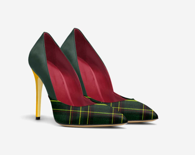 Prestigiously pair view - handcrafted Italian tartan pumps with gold heels